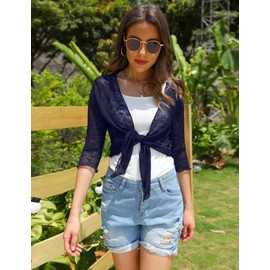 Gyabnw Women's Chiffon Bolero Festive 3/4 Sleeve Elegant Cardigan Short Summer Cardigan Lightweight Shrug, navy blue, M