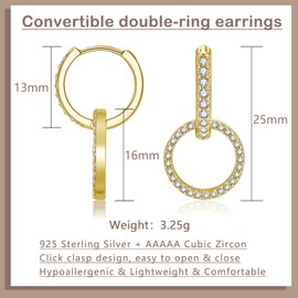 Bewenda 925 Sterling Silver Double Oval Hoop Earrings, Convertible Link Earrings for Women, Paperclip Link Chain Earrings Double Hoop Earrings with Zircon, Hypoallergenic Sleeper Earrings for Girls