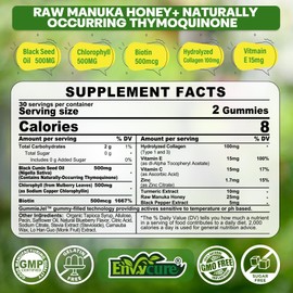 Black Seed Oil Gummies & Chlorophyll, Biotin 500mcg with Hydrolyzed Collagen, Raw Manuka Honey, Organic Cold Pressed - Ultimate Absorption for Skin, Hair & Nails, Digestive, Overall Health, 1 Pack