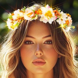 Light Up Floral Headband LED Flower Wreath Crown Headbands Glowing Festival Garland Hair Accessories for Women (White)
