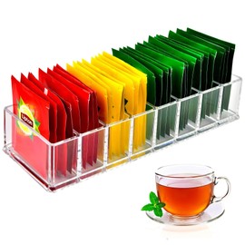 Ausein Caja para Té de Bolsa con 8 Compartimentos, Organizador de Te para Infusiones, Bolsas de Té, Sobres de Café y Azúcar, Porta Te de Acrilico para Nevera, Armario, Despensa, Encimeras de Cocina