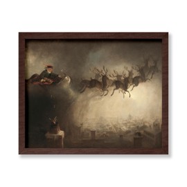 Poster Master Vintage Illustration Poster - Retro Fantasy Print - Gift for Artist, Friend - Santa Claus And His Sled, Reindeers In The Sky, Christmas - Wall Decor for Bedroom, 8x10 Brown Framed