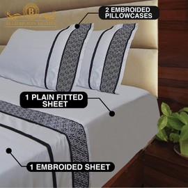 Luxury 100% Egyptian Cotton Queen Sheet Set - 1000 Thread Count - 4 PC Fitted and Flat Sheets, Extra Cooling Long Staple Hotel-Quality Bedding with Sateen Weave - Black Embroidered Light Grey Sheets