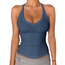 Danysu V Neck Racerback Tank Top for Women with Built in Bra Ribbed Long Tank Fitted Basic Cami Tops Set Sail XS