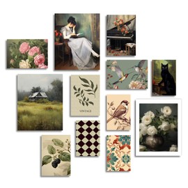 Dazzlewall Vintage Rustic Wall Decor Poster French Country Flower Bird Black Cat Wall Poster for Farmhouse Bedroom Living Room Decor Set of 12