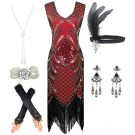 Women's Roaring 20s V-Neck Gatsby Flapper Dresses with Accessories Set, Black2, X-Large