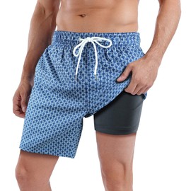 QRANSS 7 inch Compression Lined Swim Trunks Men Upgraded Bathing Suit Quick Dry Stretch Swimming Trunks Beach Shorts for Men