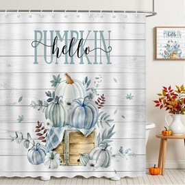 Mocsicka Blue Pumpkin Shower Curtain Hello Pumpkin Patch Harvest Fall Autumn Bathroom Shower Curtain Thanksgiving Farmhouse Bathtub Decor 72 X 72 Inches