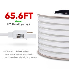 Shine Decor LED Rope Lights AC 120V, Connectable & Cuttable Dotless 120LEDs/M Eco Neon Strip Lighting, ETL IP65 Waterproof & Weather-Resistant for Home Commercial, 8x16mm, Green, 65.6FT