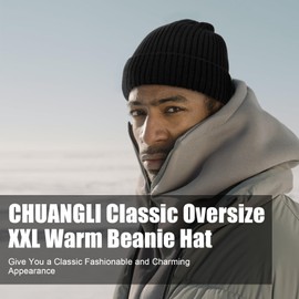 CHUANGLI Oversize XXL Winter Wool Beanie Hats for Men Women Fleece Lined Beanie Soft Warm Knit Hat Ski Stocking Cuffed Cap, Black, X-Large-XX-Large