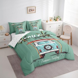 Erosebridal 7 Piece Ocean Beach Surf Full Bedding Set,Coastal Palm Tree Surfing Bed in a Bag for Girls Boys Kids,Vintage Car Surfboard Bed Comforter Set with Fitted Sheet,Flat Sheet,Pillowcases
