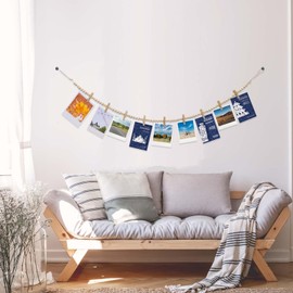 Hanging Photo Display with Clips - Wood Bead & Jute Rope Picture String with 9 Clips | Boho Photo Garland for Bedroom, Living Room Fall Decor | Wall Art Decor Hanging Display(2 PCS)