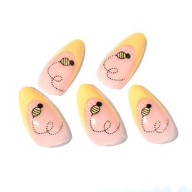 MERVF Medium Press on Nails Almond Fake Nails Press ons Yellow French Tip Glue on Nails Cute Stiletto Acrylic False Nails with Bee Design 24pcs Glossy