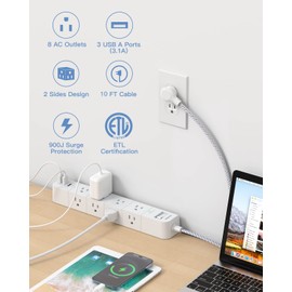 One Beat 10 ft Extension Cord,Power Strip Surge Protector 8 Widely AC Outlets 3 USB,Flat Plug,Desktop Charging Station with Overload Protection,Wall Mount for Home,Office,Travel,Computer ETL Listed