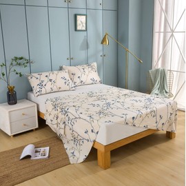 Tache Queen Flat Sheet Only Cotton Elegant Leaf Vine Nature Earthy Floral Neutral Cream Beige Tan Blue Breathable Poplin Cotton Flat Sheet, Queen