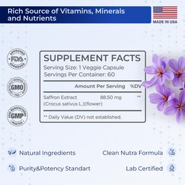 Pure Saffron Extract Capsules – Natural Support for Mood, Emotional Balance, Vision & Antioxidant Protection – Vegan, Non-GMO, Lab-Tested – 60 Plant-Based Capsules