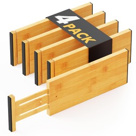 SpaceAid Bamboo 4 Pack Dresser Drawer Dividers, 4.65“ High Adjustable 12.5“-17” Drawer Organizers, Expandable Organization for Clothing, Clothes, Dressers, Natural