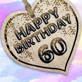 Stuff4 Fun 60th Birthday Gift For Men Woman Wooden Heart Plaques - Foil Age - 60 - Light Wood Sign Keepsake, Happy Birthday Plaque for Dad Mum Grandad Nanny Grandma Gran Uncle Auntie Cousin