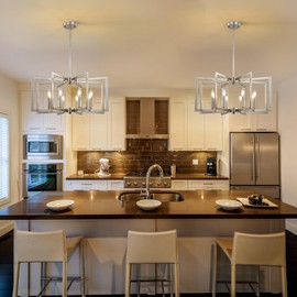 8-Light Large Brushed Nickel Chandeliers for Dining Room，Modern Industrial Pendant Lights Kitchen Island，Farmhouse Entryway Light Fixtures，Metal Geometric Chandelier for Living Room