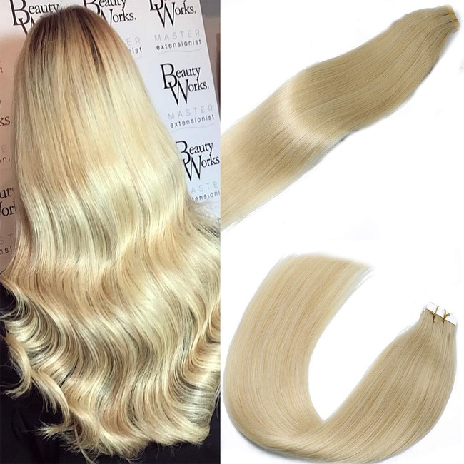 Tape in Human Hair Extensions Silky Straight Skin Weft Ombre Balayage Remy Hair Beauty Hair Style 20 Pieces 50g Per Package(#613 Bleach Blonde 22inch)