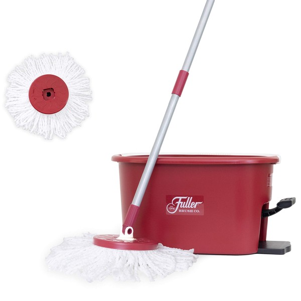 Fuller Brush Spin Mop Exclusive Bucket System - Easy Wring, 360° Spin - Streak Free Floor Cleaning - Ruby Red (1 Extra Refill Mop Head)