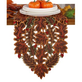 GRANDDECO Fall Thanksgiving Table Runner 13X54Inch with Cutwork Embroidered Maple Leaves, Autumn Harvest Table Decorations for Thanksgiving Party Holiday Dinner (Table Runner 13X54(33X137cm), Green)