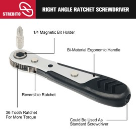 STREBITO Mini Ratchet Set, 22-Piece 1/4 Ratchet Right Angle Screwdriver, 36-Tooth Small Ratcheting Wrench Bit Ratchet For Tight Spaces, with Phillips, Slotted, Torx, Hex, Square and Adapter for Socket