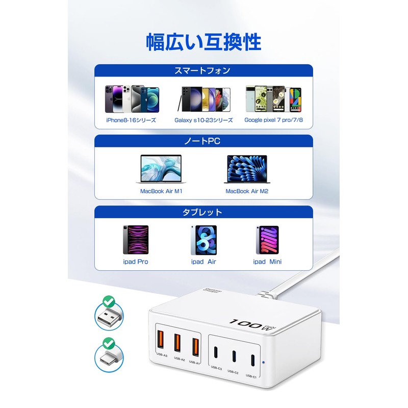 USB Charger, Total 100 W, Rapid Charger, Supports PD 30W,