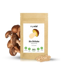 myvial® Organic Shiitake Mushroom Capsules, Pack of 120, High Dose, Vegan, No Additives, Plastic-Free Packaging, 60 Days Supply with 500 mg per Capsule, Vital Mushrooms Lentinule Edodes