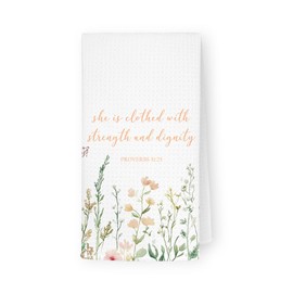JKMBN Christian Bible Kitchen Towels, Inspirational Wildflower Christian Gifts for Women, he is Clothed with Strength and Dignity, Religious Scripture Dishcloth for Cooking Baking Wiping, 16x24 Inch