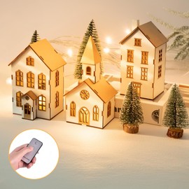 BEARAE Christmas Village Sets 7PCS, Christmas Houses, Xmas Town Village Decorations, Including 3 Remote Led Houses and 4 Frosted Trees for Tabletop Mantel Decor