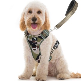 TUFFDOG Easy-Fit Dog Harness Medium - Fast Release Neck Clip, Premium Padded Reflective No Pull Harness with Control Handle, Adjustable Step-in Dog Vest Plus Free Matching Lead (M, Jungle Camo)