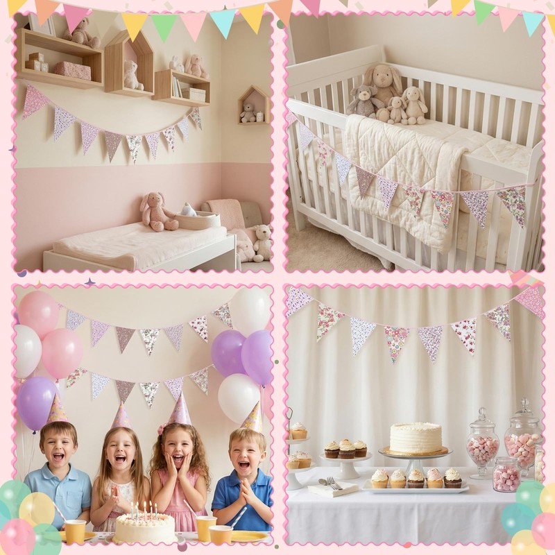 15M/50Ft Triangle Bunting Banner, 45 Pcs Pink Cotton Fabric Flags