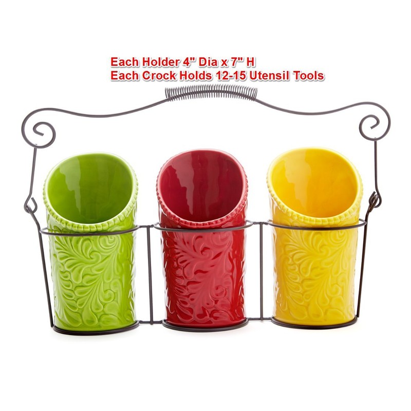 Kitchen Utensil Holder Set (4 Pieces) - 3 Ceramic Crocks