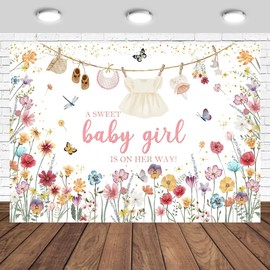 Tcoyodw Wildflower Baby Shower Backdrop 7x5ft A Sweet Baby Girl is on Her Way Baby Shower Party Decorations for Girls Cute Clothes Photography Background