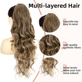YEESHEDO Long Wavy Ponytail Hair Extension for Women Drawstring Ponytail Hair Extensions Clip in Curly Synthetic Hairpiece (Medium Brown)