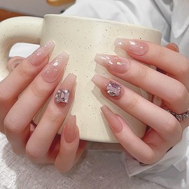 Pure Handmade Nails Press on Nail Reusable Fake Nails AuroraRhinestones Bling Bling Medium Stick on Nails French Tip False Nails 10pcs (L, Q294)