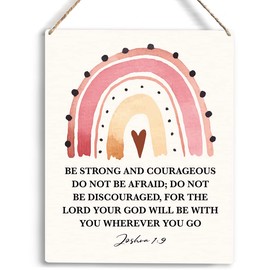 YCYD Inspirational Wall Art Be Strong And Courageous Do Not Be Afraid Boho Rainbow Wooden Hanging Sign Christian Religious Wall Decor Bible Verse Wall Art 8 x 10 Inches