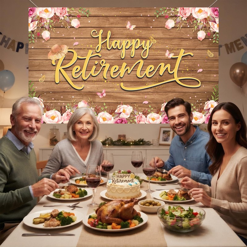 Rustic Floral Retirement Banner Party Decorations For Women 5.9x3.6ft