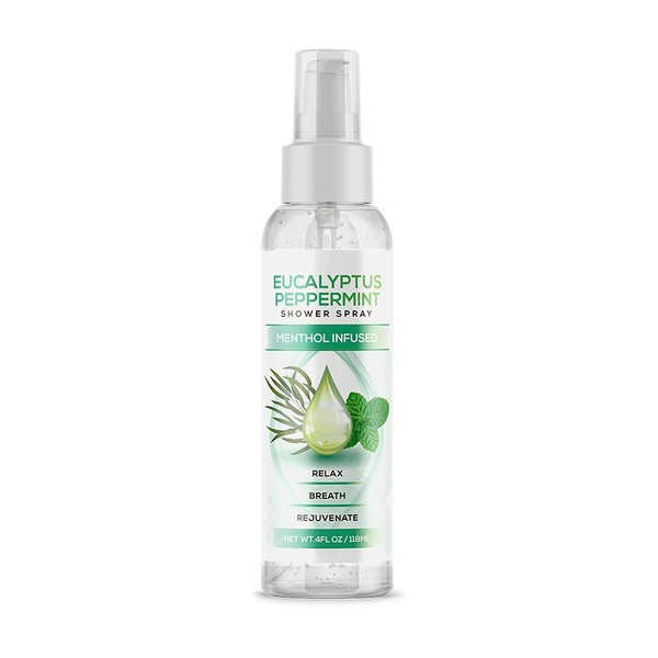 Eucalyptus Peppermint Shower Spray, All Natural Essential Oil for Spa, Steam Room, Linens and Baths, Cool and Refreshing