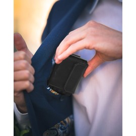 JAIMIE JACOBS Unisex Minimalist Wallet, Nano Boy Pocket Mini Textile Wallet with Pull Tab, Slim Card Holder Leather, black