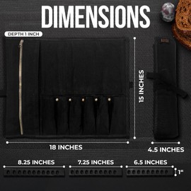 Chef Knife Roll Bag - Durable 6 Slot Black Waxed Canvas Knife Roll- Water Resistant Standard Knife Bag w/ Roll Tie, Large Zippered Pouch & 6 Plastic Knife Guards-Fits knives up to 2” wide & 15” long