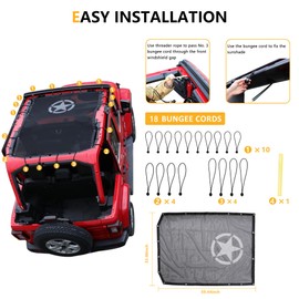 Sunshade for 2018-2023 Jeep Wrangler JLU 4 Door Full Length Mesh Sun Shade, JL Unlimited, Sport, Sport S, Sahara, Rubicon Sunshade Bikini Soft Top Cover Net, Blocks UV, Wind, Noise, Star