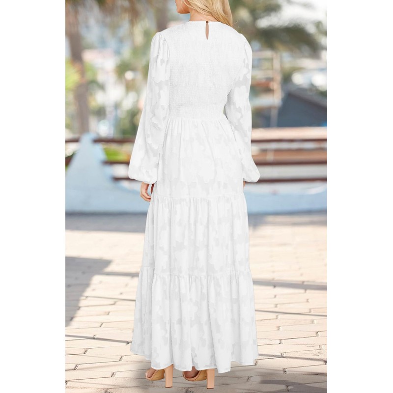 MITILLY Women's Elegant Floral Long Sleeve Round Neck Smocked A-Line