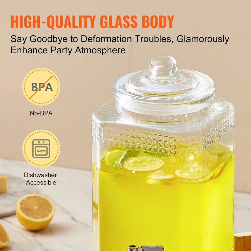 1.5 Gallon Stainless Steel Spigot Iced Beverage Dispenser Glass Juice