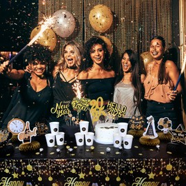 LOLStar New Years Eve Party Supplies 2025, 45pcs Happy New Year Decorations Honeycomb Centerpieces Double Sided Sticks Cupcake Toppers Stickers Tablecloth, Black Gold Eve Party Favors Accessories Kit