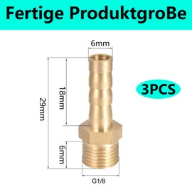 QZKJQDD 3 Pieces 6 mm Brass Hose Nozzle Hose Barb Fittings, 1/8 Inch Hose Nipple Connector Brass, Pipe Adapter, Hose Nozzle for Water, Gas, Air
