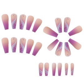 LOPMNGHT False Nails, 24Pcs Ballerina Shaped Press on Nails with Silver Foil & Rhinestones, Acrylic Nails Full Cover Reusable Coffin Fake Nails for Women