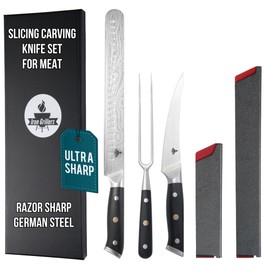 Professional Slicing Carving Knife Set for Meat, 12" Brisket Knife + 6" Boning Knife + 6" Carving Fork & 2 Sheath Covers for BBQ Meat Cutting, Razor Sharp German Steel - Full Tang & Ergonomic Handle