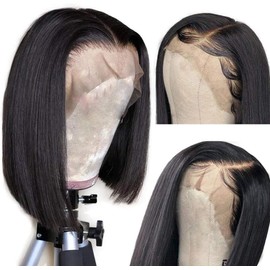 Generic Straight Bob Wigs Silky Straight Natural Black Pre Plucked Hairline with Middle Part Bleach Knots Glueless Wig for Women Black wig slanted to the tail (Black, 33cm)
